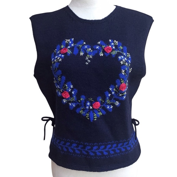 Susan Bristol Sweaters - Vintage Susan Bristol Pure Wool Hand Embroidered Floral Heart Sweater